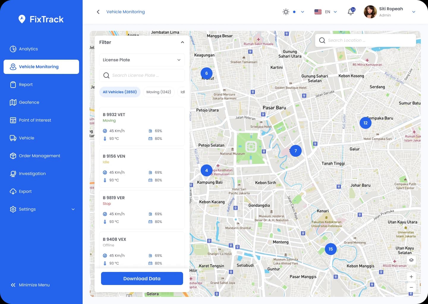 Dashboard FixTrack — peta live, status armada, dan alert dalam satu layar